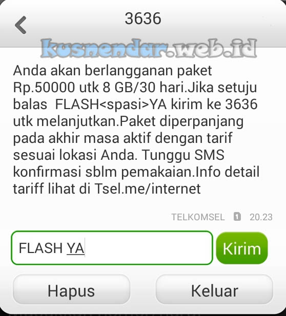 Format SMS daftar paket internet 8 Giga 50 ribu telkomsel