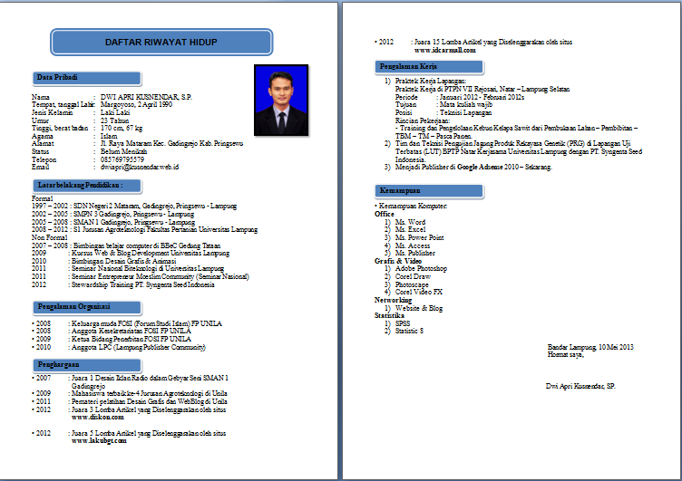 Contoh Format Curriculum Vitae Cv Yang Baik Untuk Melamar