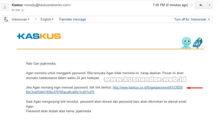 Email Pertama Reset Password kaskus