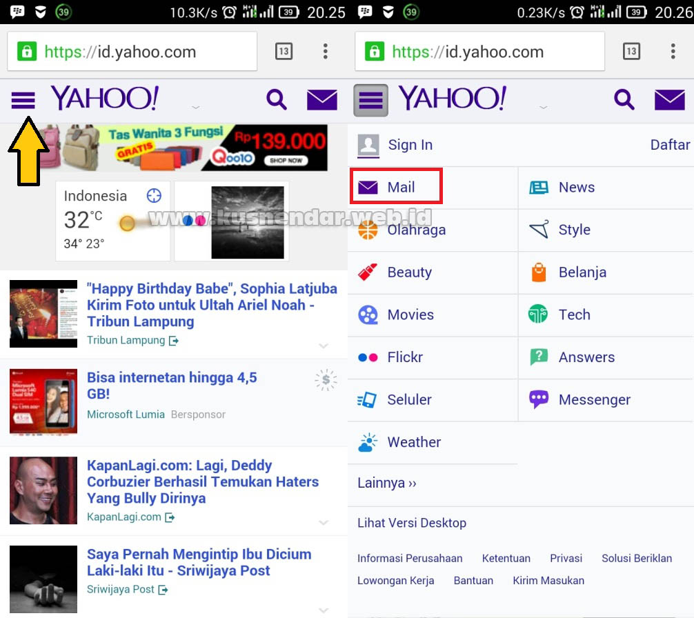 Masuk email yahoo di browser android