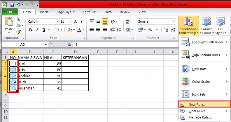 menu New Rule Conditional FOrmatting