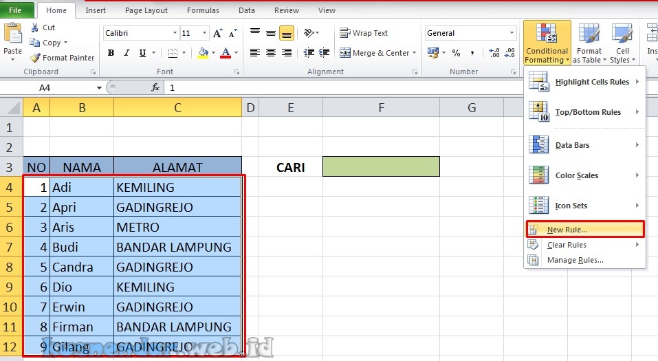 Membuat Search dari Conditional formatting excel