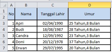 Menghitung umur di Excel