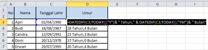 Rumus menghitung Umur Excel