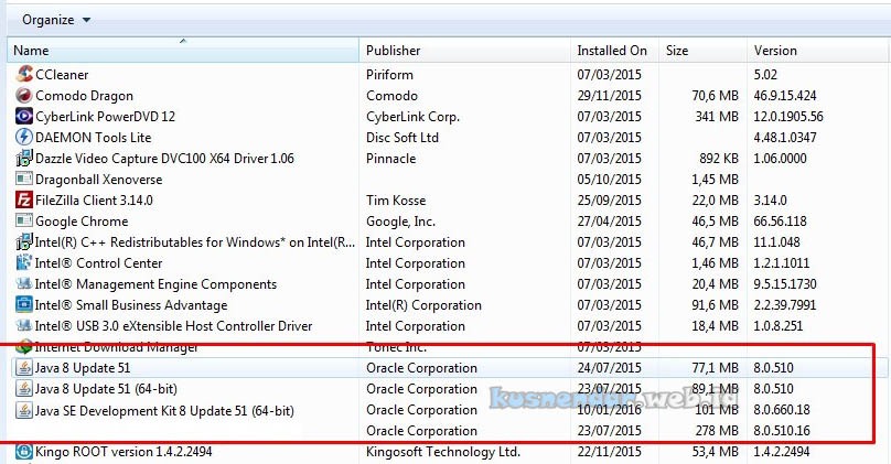 Control panel sebelum update Java