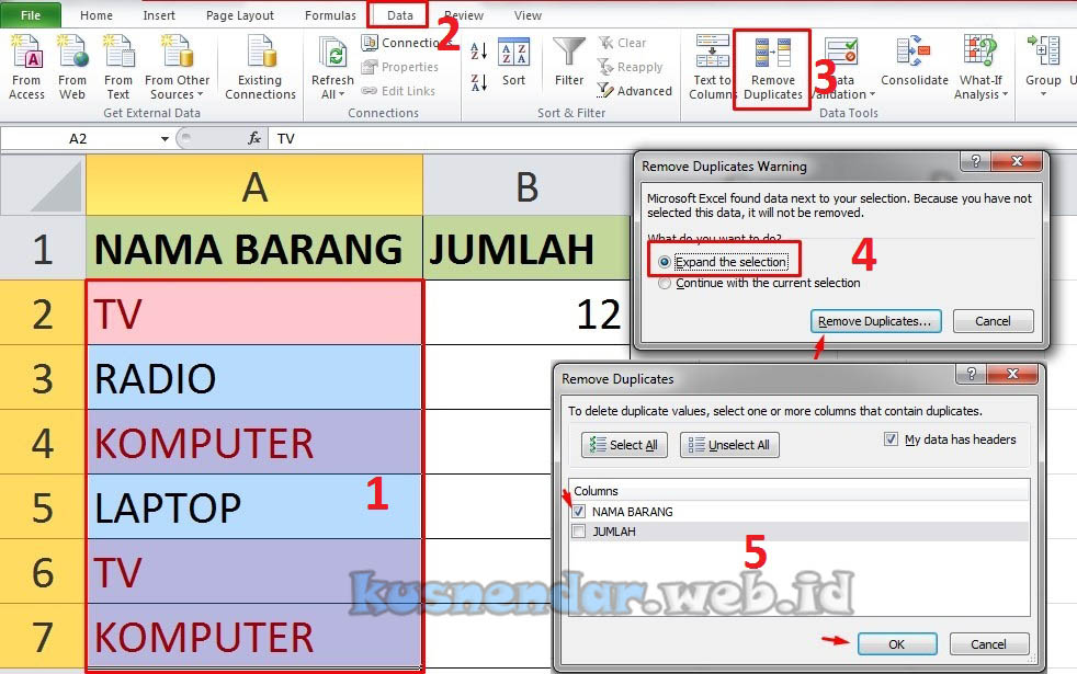 Hapus data yang sama di Excel