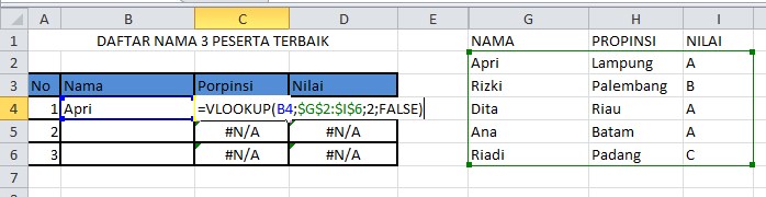 Pengetikan rumus Vlookup