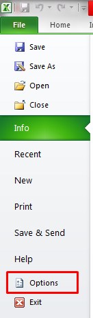 File Options Excel