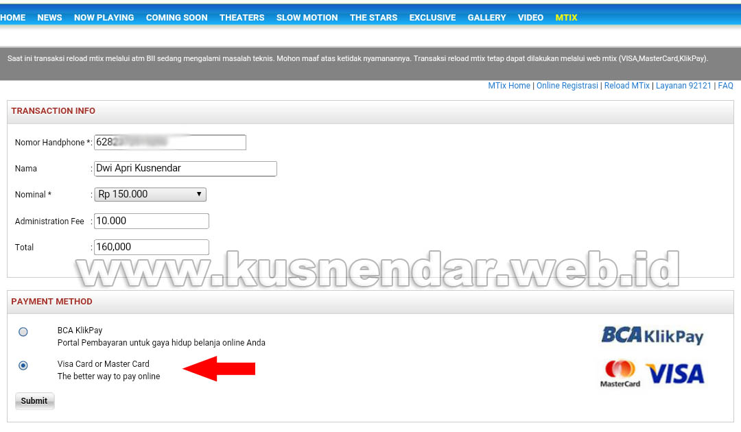 isi MTIX via Kartu Kredit
