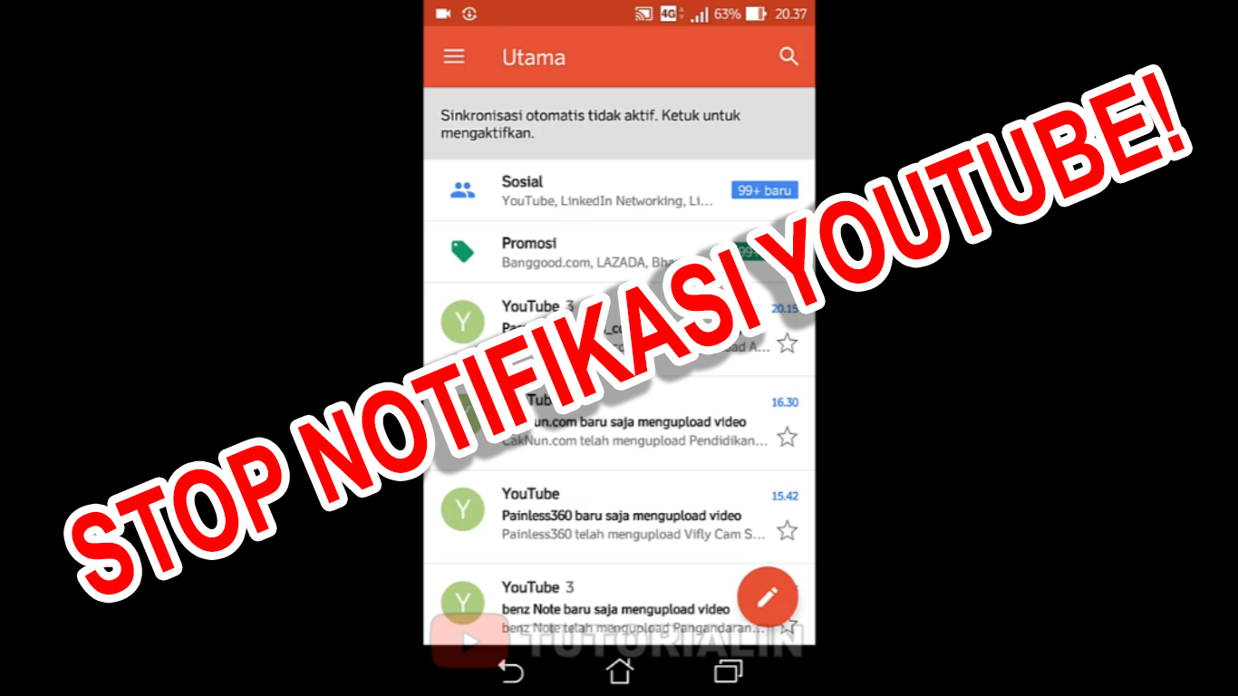 Cara Stop notifikasi youtube di GMail Android